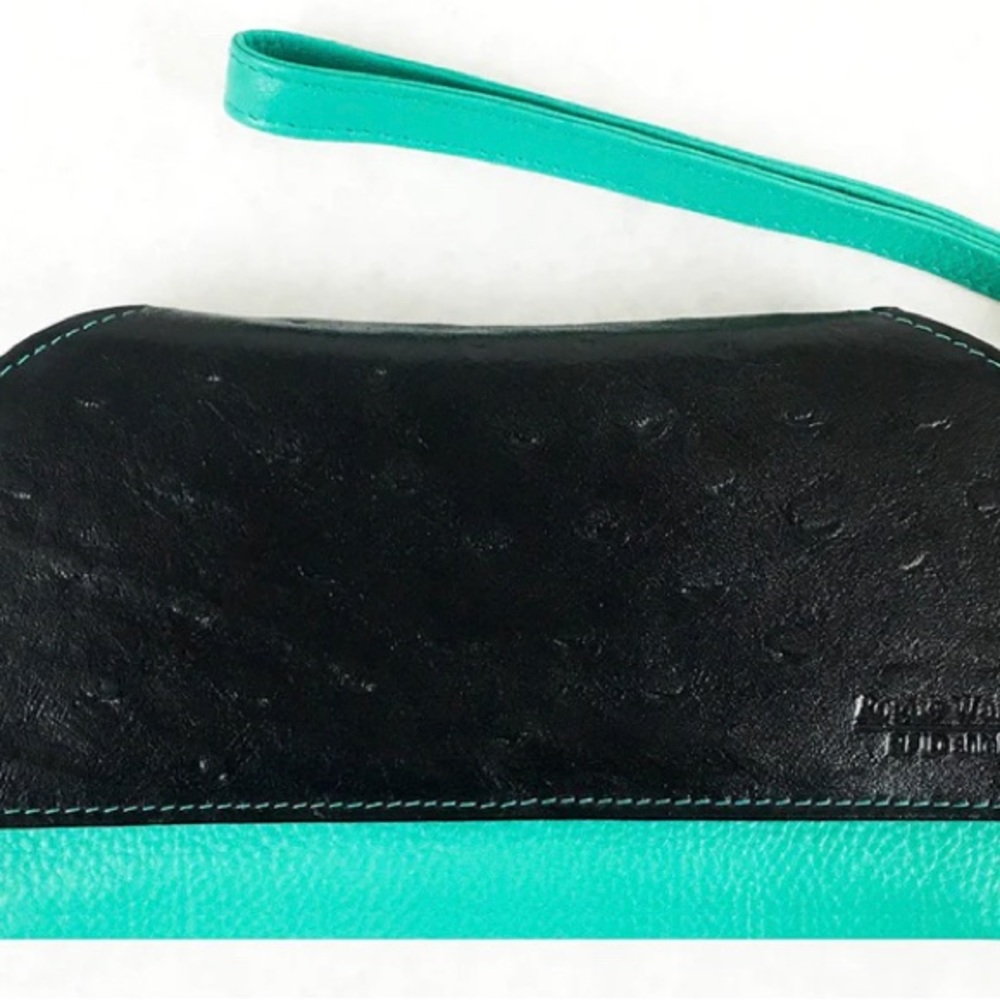 RFID Blocking Clutch/wallet- Ostrich Print in teal - brand new w box